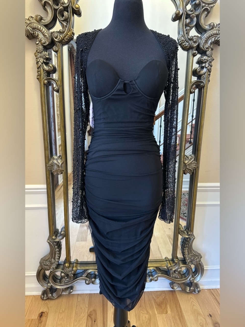 Fashion Nova Black Ruched Long Sleeve Midi Beaded Evening Dress